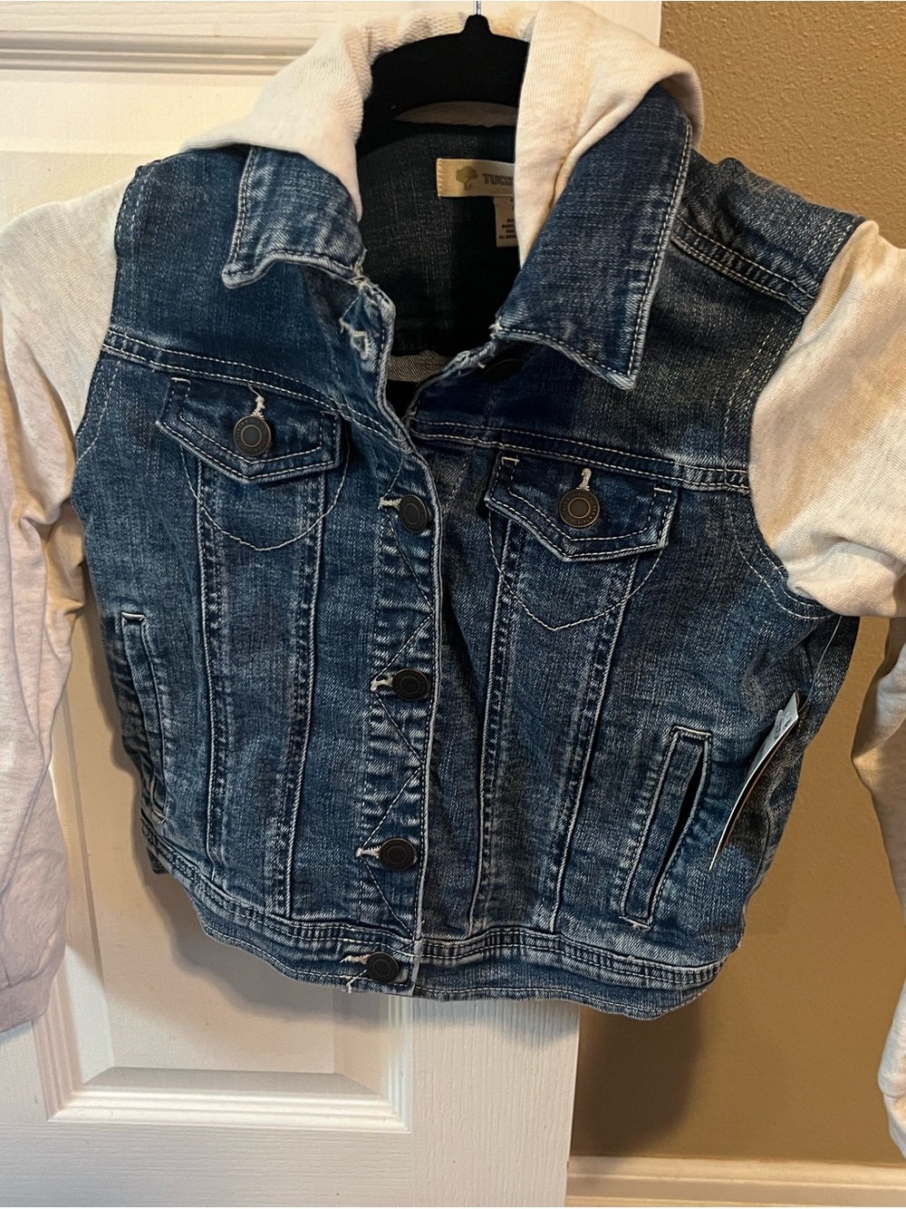 Tucker + Tate Dark Blue Denim Jacket with Cream Hoodie Sleeves